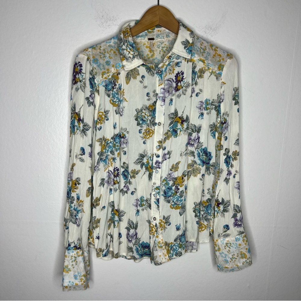 Free People Floral Blouse in Cream and Blue - Picture 3 of 10